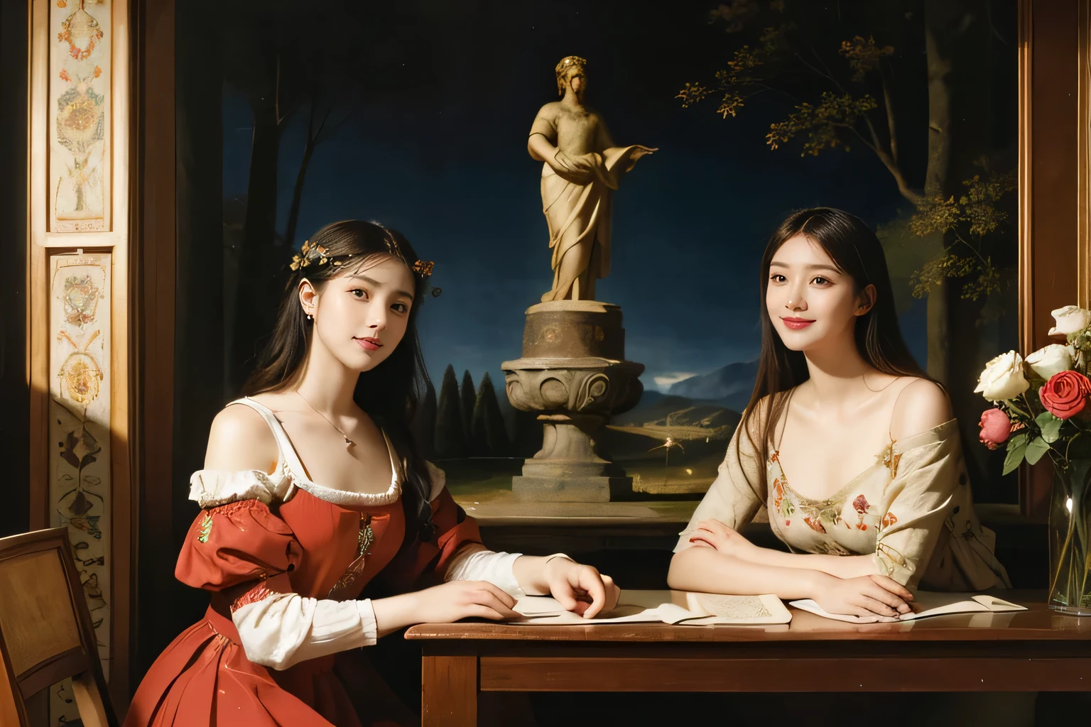 Giorgione painting style,Arguments of two female Philosophe,math、astronomical machine、astronaut、roses in vase、fruits、Cute trinkets、smile、ancient greek costume、Background is a forest lake at night 、Clothes that stretch your shoulders、A big smile