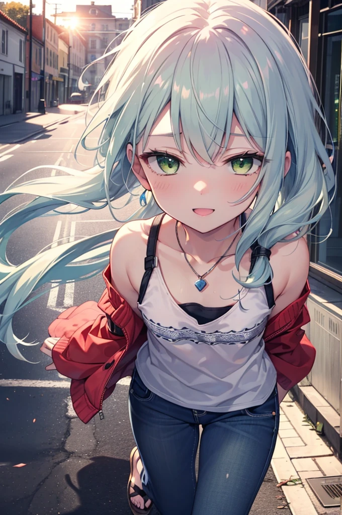 index, index, (Green Eyes:1.5), Silver Hair, Long Hair, (Flat Chest:1.2)happy smile, smile, Open your mouth,v neck tank top shirt,Skinny jeans,Cute Sandals,Rocket Pendant,walking,sunset,evening,The sun goes down,whole bodyがイラストに入るように,
break looking at viewer, whole body,
break outdoors, Area,
break (masterpiece:1.2), Highest quality, High resolution, unity 8k wallpaper, (shape:0.8), (Beautiful attention to detail:1.6), Highly detailed face, Perfect lighting, Highly detailed CG, (Perfect hands, Perfect Anatomy),