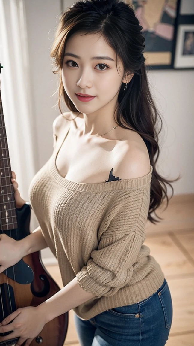 best quality, masterpiece, beautiful and aesthetic, 16K, (HDR:1.4), high contrast, bokeh:1.2, lens flare, (vibrant color:1.4), (muted colors, dim colors, soothing tones:0), cinematic lighting, ambient lighting, sidelighting, Exquisite details and textures, cinematic shot, Warm tone, (Bright and intense:1.2), wide shot, by playai, ultra realistic illustration, siena natural ratio, anime style, a picture from a high angle, a view from above, long Straight black hair with blunt bangs, (a charming smile:1), Gray bracelet, a oversized off-shoulder pink an oversized T-shirt, jeans, playing Gibson bass guitar, a sexy instagram Hot Swiss model, with a tattoo, oversized clevage, Broken Glass effect, no background, stunning, something that even doesn't exist, mythical being, energy, molecular, textures, iridescent and luminescent scales, breathtaking beauty, pure perfection, divine presence, unforgettable, impressive, breathtaking beauty, Volumetric light, auras, rays, vivid colors reflects.