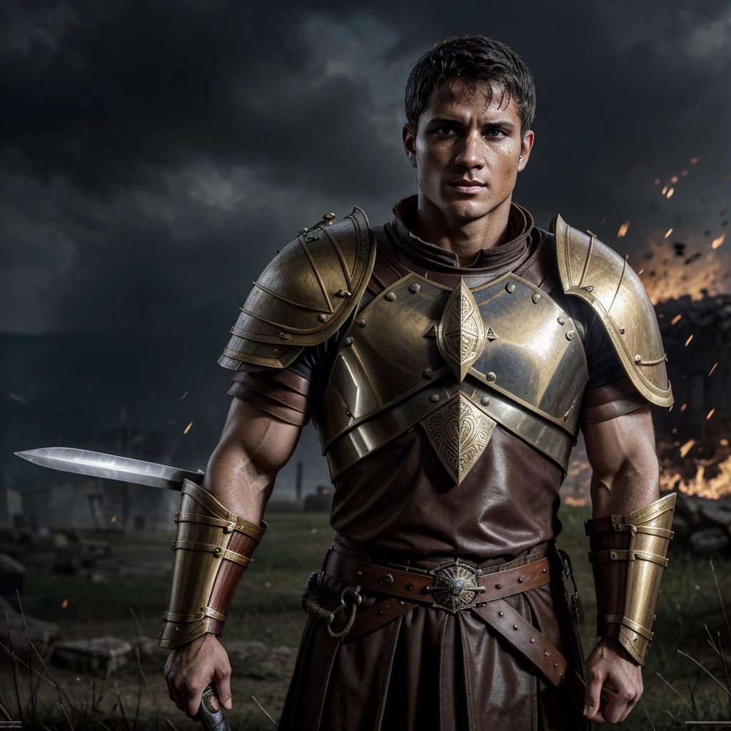 Concept art, Marius Titus from Ryse Son of Rome, John Hopkins in character, severe, courageous, Roman legionnaire with sword and shield, against the backdrop of the battle, rain, fire, epic, realistically, ultrarealism, Ultra detail.