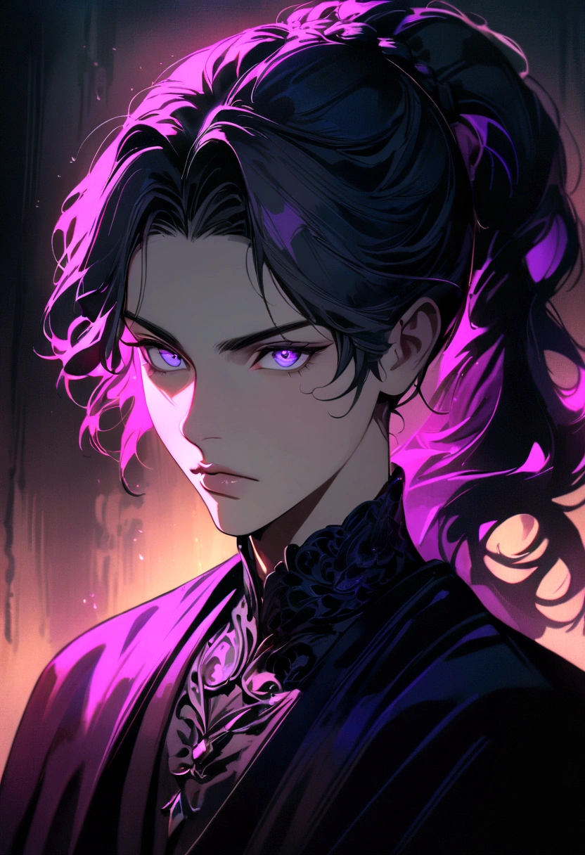a boy with long hair tied in a ponytail, beautiful detailed eyes, beautiful detailed lips, extremely detailed face, longeyelashes, intricate hairstyle, serious expression, dramatic lighting, cinematic composition, moody atmosphere, vibrant colors, elegant portrait, digital painting, 8k, masterpiece