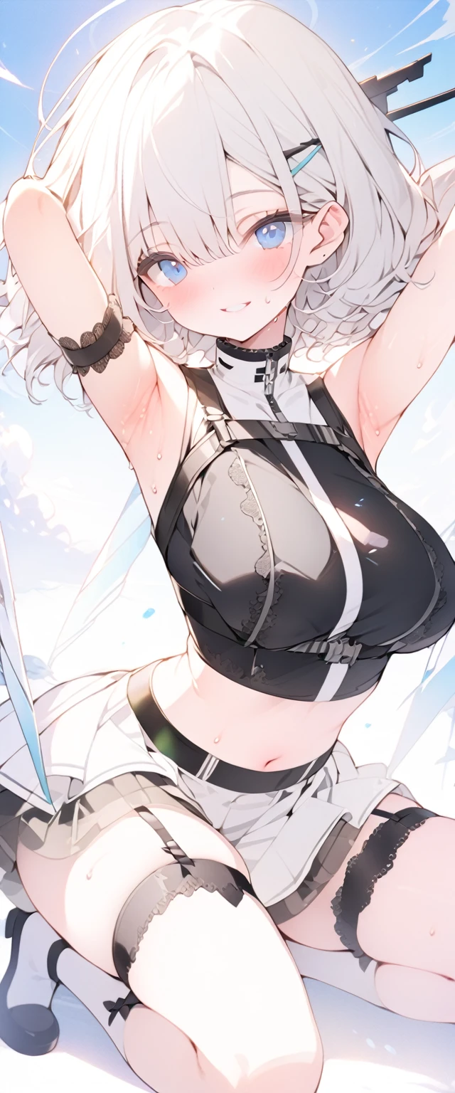 beautiful, masterpiece, Highest quality, anime, One girl, C Cup,Portrait Shot, View your viewers, Covered、Short Hair、nearby、Blue Eyes、art、、White hair,Blue streaked hair、hairpin、Cute smile、Thighs、Cute、blue sky、Beautiful breasts、Full Harness、valley、Sweat、Under Harness、Body Harness、Tightening、Penetration、white_Sci-fi combat uniform、white_SFなgarter beltアンダースコート、pierced、See-through_navel、whiteボディストッキング、、Armpit、black_garter belt、Sci-fi skirt、Kneeling