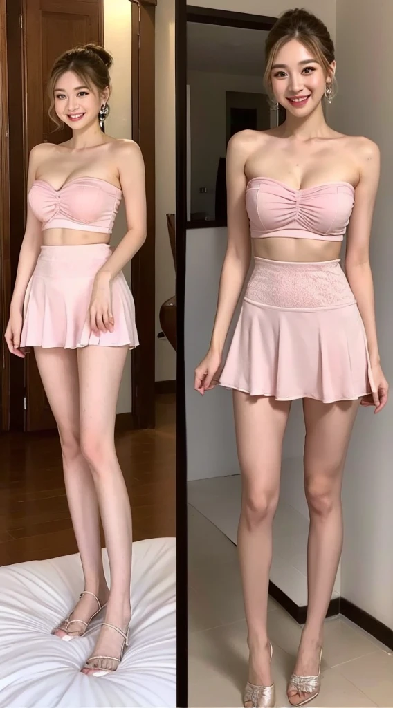 ((best quality, 8K, masterpiece: 1.3)), 1 girl, Slim abdominal muscle beauty: 1.3, (Casual hairstyle, Large Breasts: 1.2), skirt: 1.1, Super delicate face, Exquisite eyes, Double eyelids, Smile, On the bed,full-body shot,See the whole body,Pink thin skirt dress,Strapless underwear.Exquisite small earrings.princess hair style.Excited expression,eyelashes long.(Long blond hair, Ponytail),Legs open.Sweet and bright smile