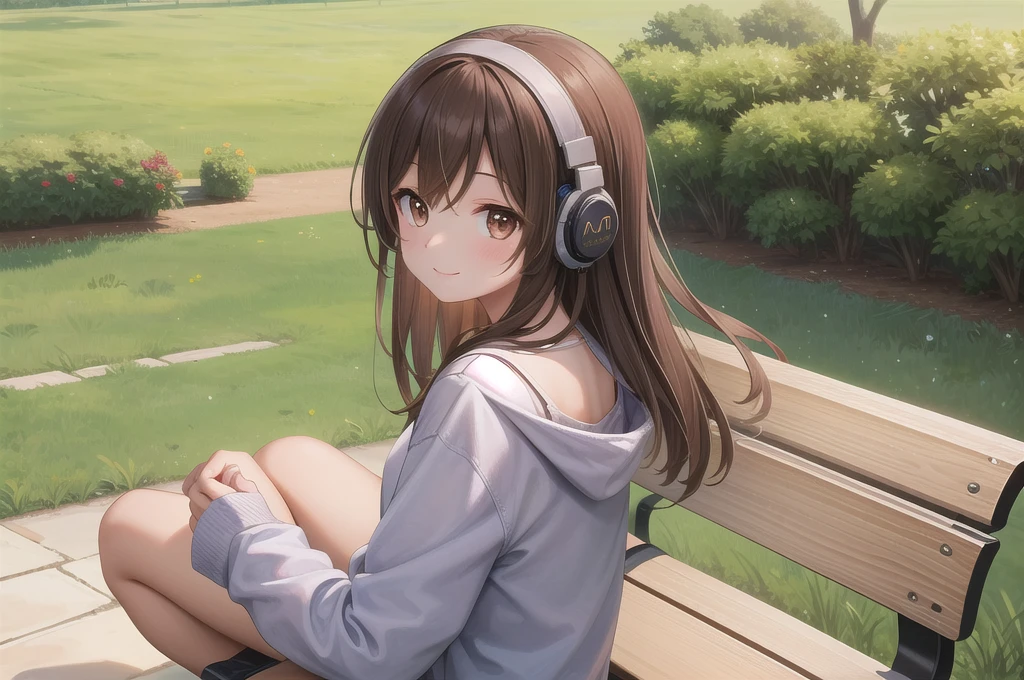 One girl, alone, 20-year-old, Brown eyes, Brown Hair, smile, Nice casual clothes, grassland, bench, headphone, masterpiece, Fine Fingers, 最high quality:1.4, high quality, detailed,
