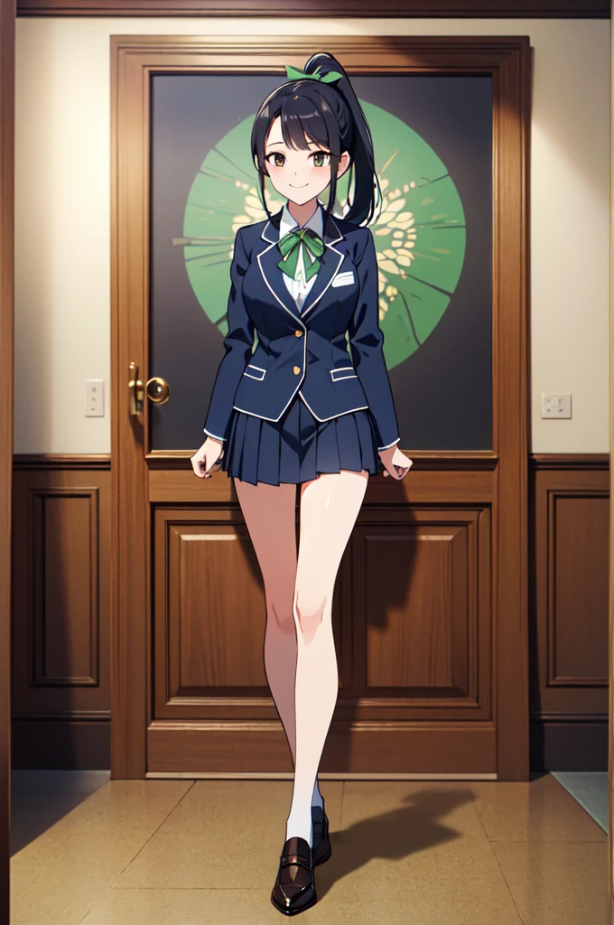 masterpiece, 32k, extremely detailed, finely detail, intricate details,
BREAK
(absurdres:1.1, highres:1.1, ultra detailed:1.1),
insanely detailed, absurdres,
(high resolution:1.1, ray tracing:1.1, refraction:1.1)
(1girl, 独奏:1.3),
BREAK
perfect symmetrical face, smile, high school student, High School Uniform, Navy blue single blazer, Green ribbon, high ponytail,
BREAK,
(((full body))),
BREAK