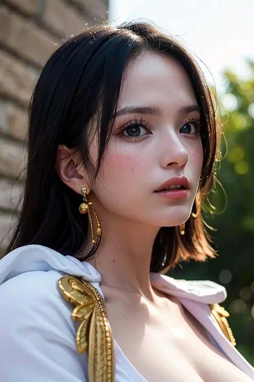 (masterpiece), (best quality), (Practical), Nikon RAW photos, Fuji XT3,  (detailed, 21-year-old young female captain, big eyes, Gold snake earrings, Look away), Sensual, (ultra detailed), 8K, 4K, complex, superior_Body, detailed_Face, Optimal lighting, outdoor, cosmetic, Bleached background, Low level,(masterpiece, best quality:1.4), (Face focus:1.5), external, (Close to the sea), 1 Girl, Solitary, Hancock 1, 1 Girl, Boya Hancock, Large Breasts, cleveage, Long hair, Epaulettes, cape, (white cape:1), Top of crop, Long sleeve, Side slits, (Young women in Europe:1), Looking at the audience, Beautiful Smile, beautiful Face, highly detailed Face, highly detailed eyes, subsurFace scattering, Practical pupils, full Face blush, Full lips, detailed background, Depth of Field, Volumetric Lighting, Clear focus, absurd, Practical proportions, (Practical, hyperPractical:1.4), 16k High Dynamic Range
