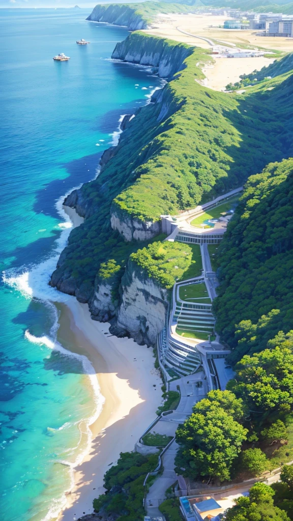 landscape, summer, blue sky, Okinawa, private Beach, Cove, Ocean, unmanned, Beach, Nobody, Hot Weather, sun, HD detailed, Super detailed, movie, Hyperrealism, Soft Light, Deep focus bokeh, Ray Tracing, gwise on art station pixiv, makoto shinkai, art germ