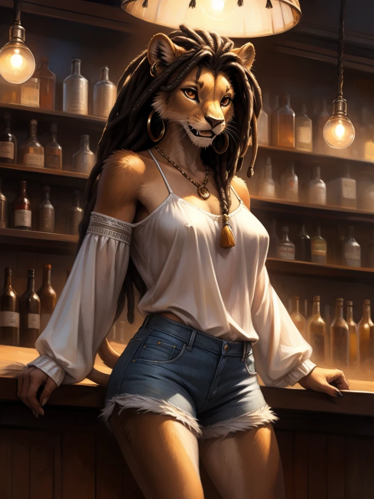 by kenket, by totesfleisch8, (by thebigslick, by silverfox5213:0.8), (by syuro:0.2), а lion, female, in full growth, brown fur, light brown eyes, long black dreadlock hair with fangs of wild animals on the tips, tail with a tassel at the end and a metal ring at the base of the tassel, wearing short tight denim shorts, white semi-transparent T-shirt with elbow-length and wide sleeves, bare shoulders, black lace bra shines through clothes, metallic beads and hoop earrings in the ears, standing near bar counter