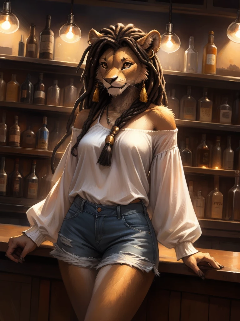 by kenket, by totesfleisch8, (by thebigslick, by silverfox5213:0.8), (by syuro:0.2), а lion, female, in full growth, brown fur, light brown eyes, long black dreadlock hair with fangs of wild animals on the tips, tail with a tassel at the end and a metal ring at the base of the tassel, wearing short tight denim shorts, white semi-transparent T-shirt with elbow-length and wide sleeves, bare shoulders, black lace bra shines through clothes, metallic beads and hoop earrings in the ears, standing near bar counter