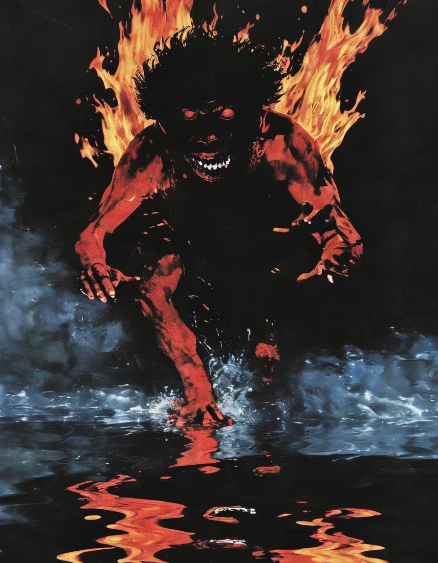 man in fire running on water
