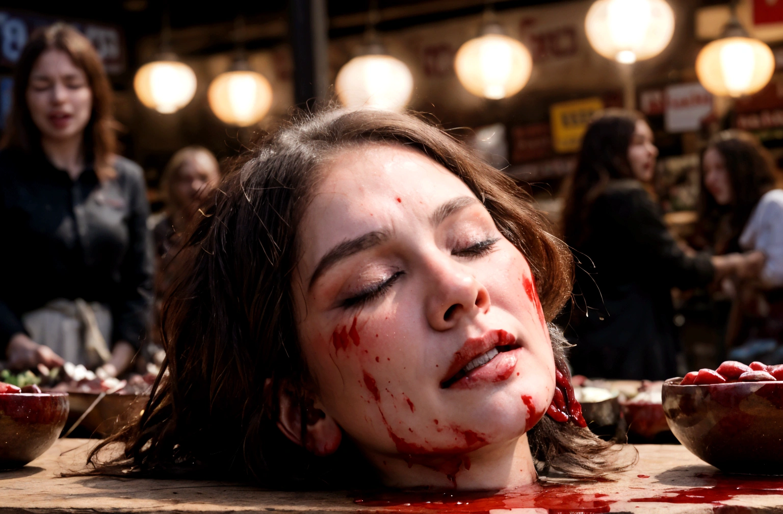Several decapitated heads of beautiful women, on a table, in a public market, full of blood, blood flowing, ((eyes closed)), bleeding, photorealistic, 4K, Nikon, horror, public market, Realistic, decapitated, ahegao face, tongue hanging out