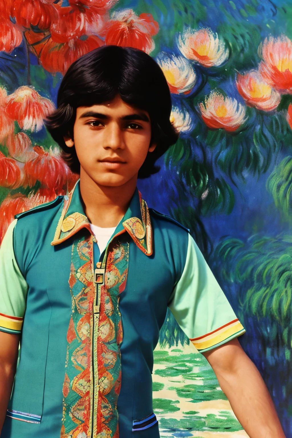 Afghanistan, 1976. A young ((((13-year-old)) Amir)), boy, birthday party, ((((clothings from the 1970s)))), ((short hairstyle of the 1970s)), ((colorful, Monet))