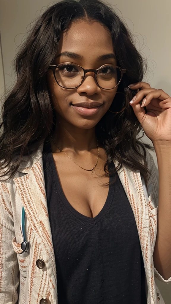 Pretty African American woman doctor  wavy hair fun glasses
