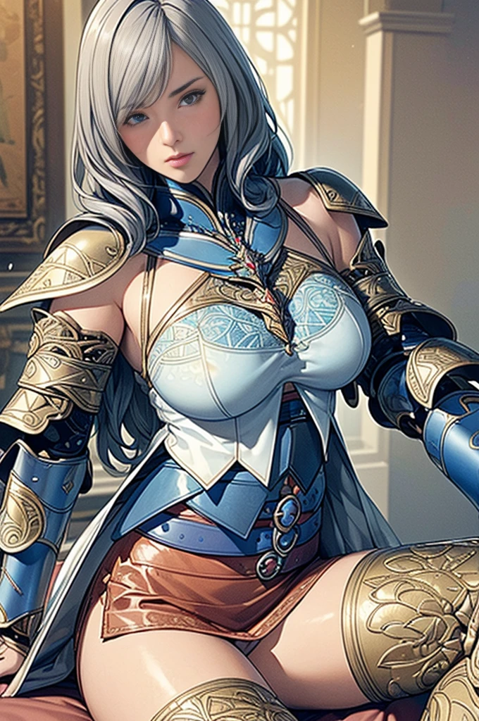 Highest quality}, {とてもbeautiful}, {Super detailed}, {最高のAn illustration}, masterpiece,(((Skirt flip:1.5))),((Showing off see-through micro pants:1.4)),garter belt:1.5,((Holy Knight)), Smooth breastplate, ((Blue armor:1.5))、((((Extremely detailed and intricately decorated armor:1.35)))),Red Cowboy Shot,smooth udder、big 、(Golden Ratio,Tabletop, Highest quality, Highest quality, Official Art, beautifully、beautiful:1.2), Very detailed, colorful,Best details,An illustration, Great scene, (Adult,19 years old,One Girl, alone, Final Fantasy 12,Asheria:1.5, Asheria:1.5, Asheria:1.5, Curly Hair:1.5, Long Hair,Silver Hair:1.2,Asheria Costume:1.5, Asheria Costume:1.5, mini skirt,Knee socks, Thighs Thighs Thighs Thighs, gem, Blue Belt,Belt number 1),Course of action, A look of contempt ,Whole body 1.5, squat, Spread your legs