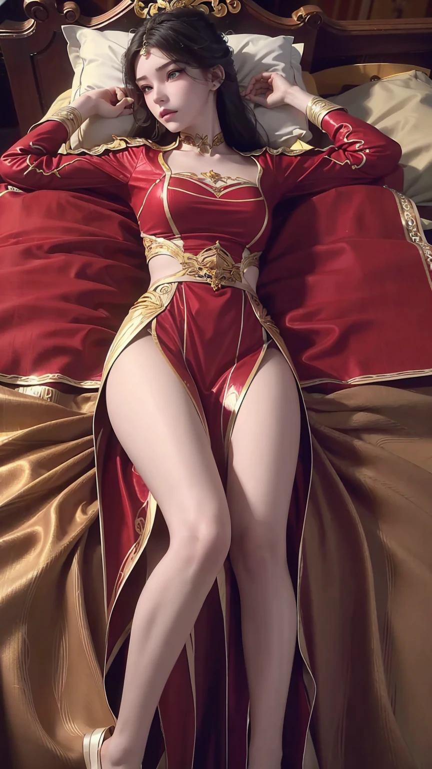a girl lying on a bed, facing upward, slightly raising her leg, extremely detailed and beautiful 16 year old girl, 4k, 8k, cinematic, full body, lying, long legs, full body capture, (((lying on a bed))), (((full body lying on a bed))), large bed, lying on a bed, head resting on pillow, high quality, photorealistic, hyperrealistic, beautiful skin, flawless complexion, beautiful eyes, long eyelashes, delicate facial features, beautiful lips, graceful pose, natural lighting, warm color palette