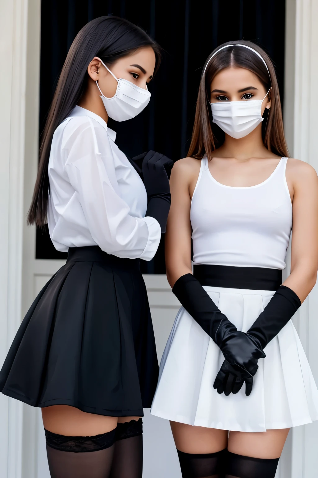 Young woman with white shirt skirt and black stocking wearing black gloves with a white cloth over her face being held there by another young beautiful woman behind her wearing black gloves