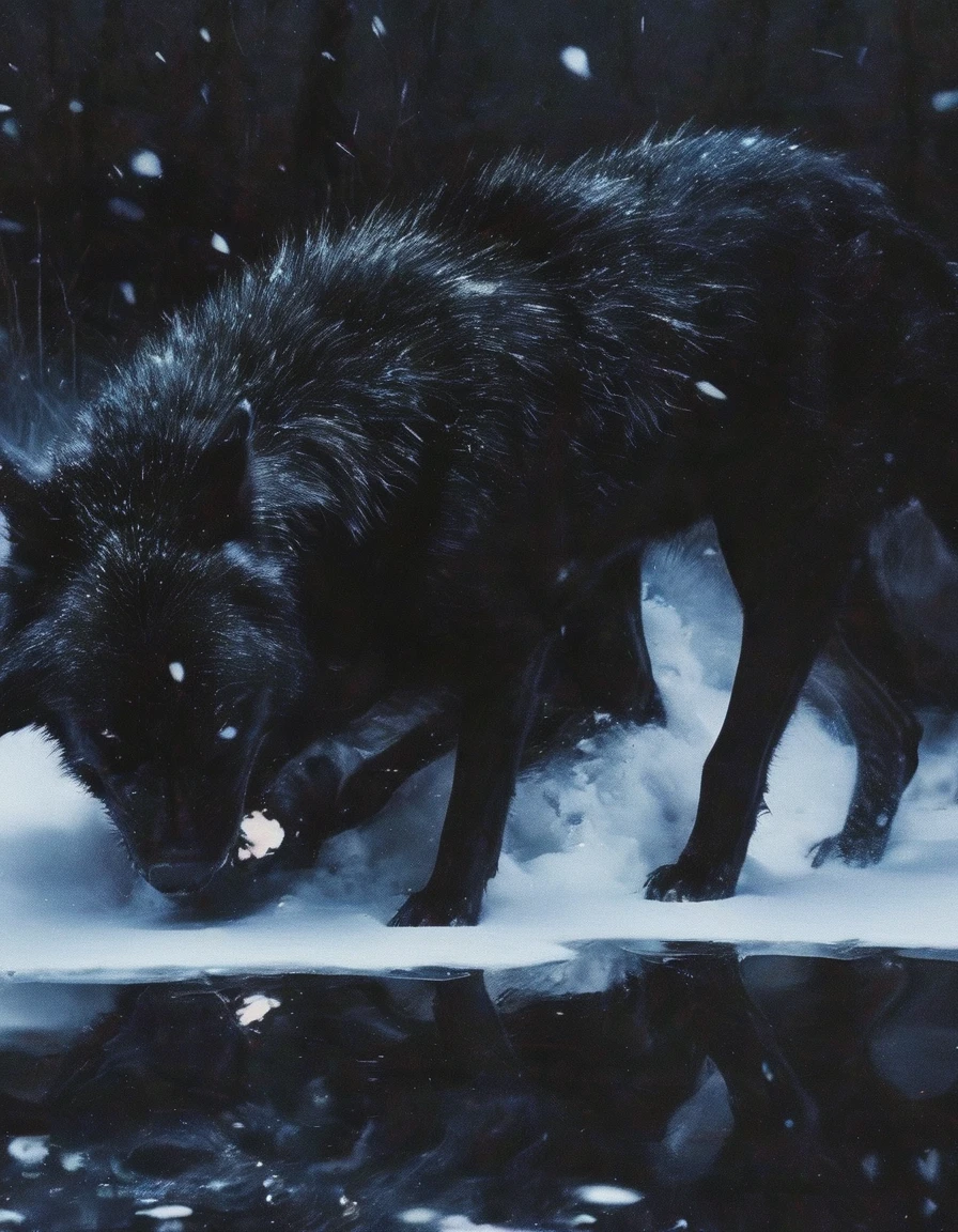 black wolves fighting in winter at night, snow with blood background
