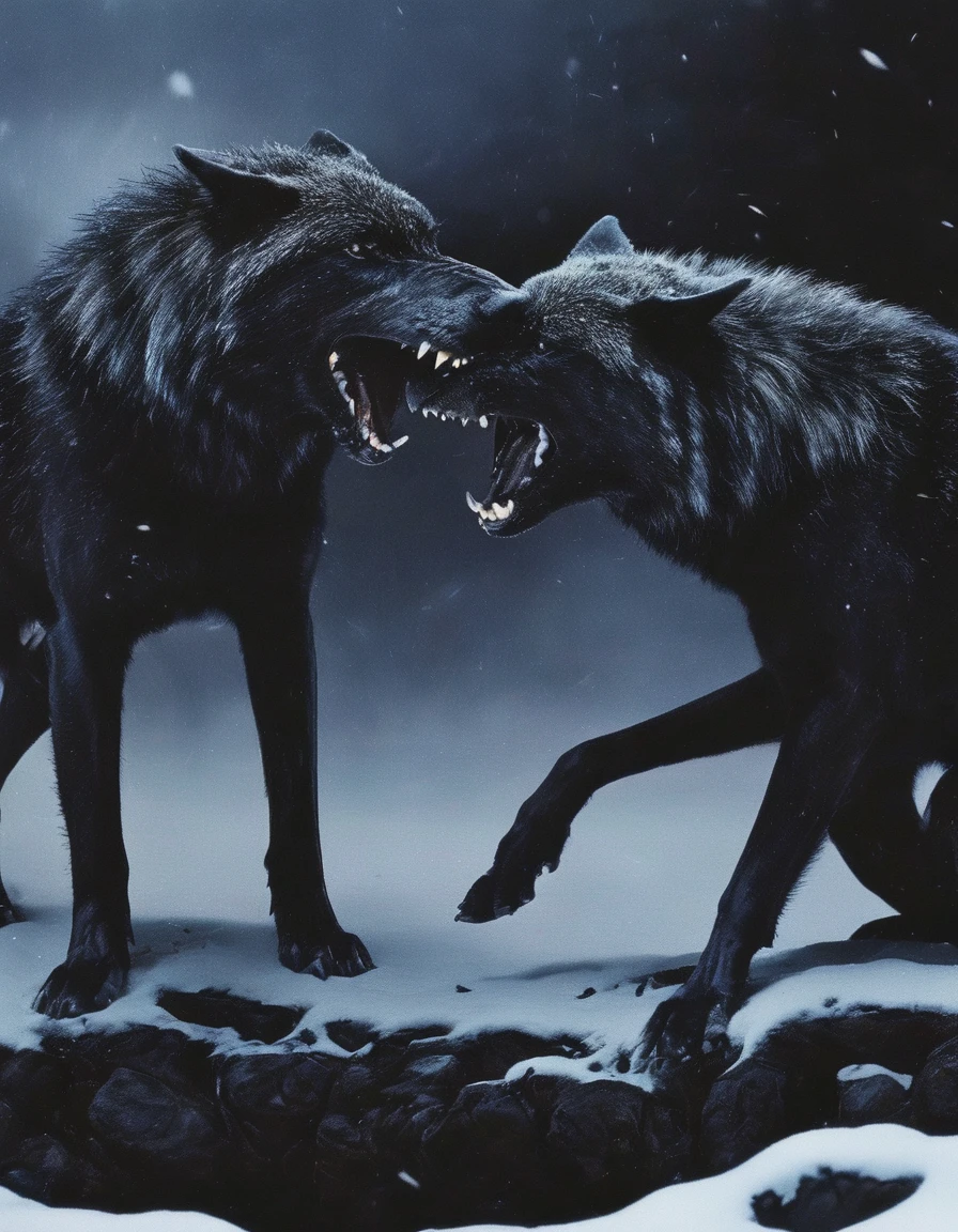 black wolves fighting in winter at night, snow with blood background