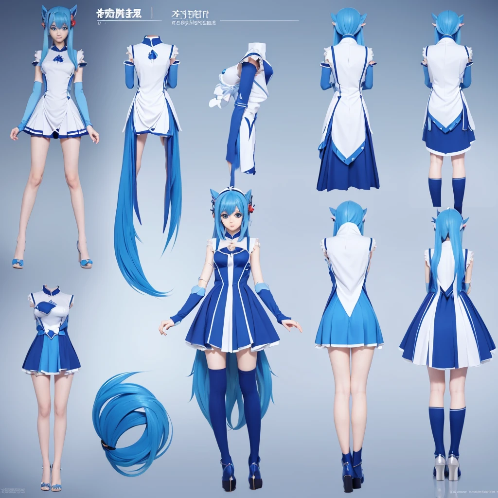 A CUTE GIRL, It is 7 heads tall, short blue hair, yellow eyes that stand out and shine, she is wearing a very small blue skirt with yellow horizontal pattern, Under the skirt she has very tight and shiny shorts, they are also very dark blue., She is wearing a blouse that highlights her exuberant breasts., The blouse also has a yellow and blue pattern, He has a yellow ribbon on his head, the girl is thin, In his right hand he carries a yellow flower and in his left hand he carries nothing., She is standing doing an effeminate pose where her hips stand out, the background is empty, it's blue, sun a solid color blue and yellow, there is only one girl