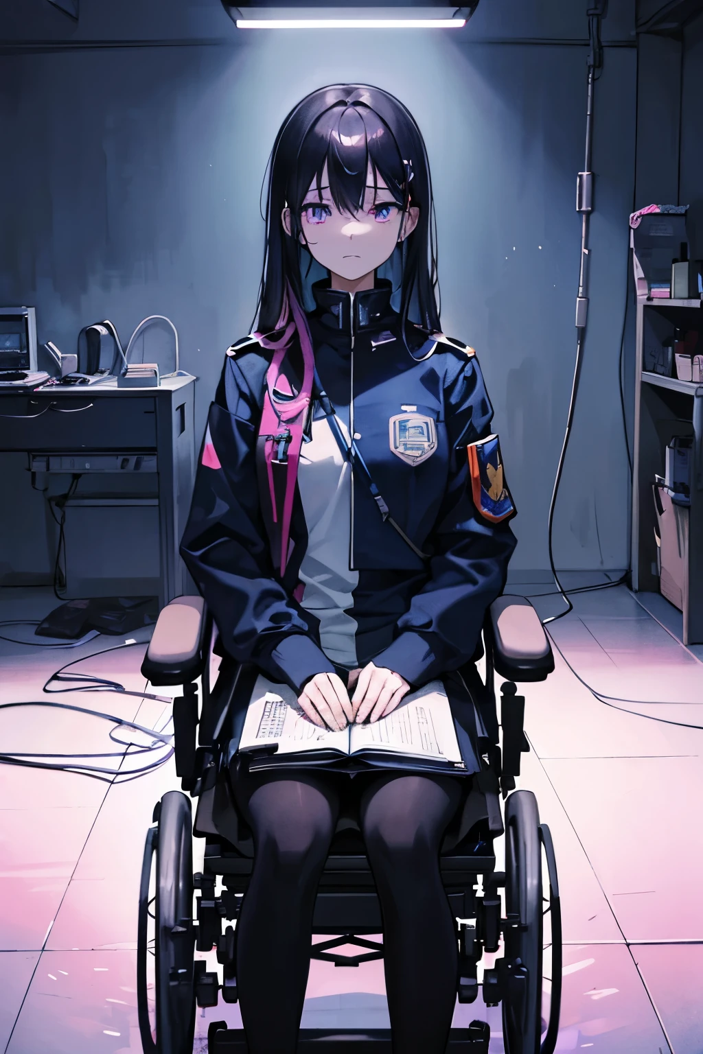 beautiful police, shimmering blue uniform, silver badge glistening, long dark hair flowing, strong posture, zombie, decaying flesh, hollow eyes, tattered clothes, reaching hands, hospital, sterile white walls, flickering lights, emergency signs glowing, medical equipment scattered, abandoned wheelchairs, surreal scene, vibrant neon hues, distorted reality, eerie silence punctuated by distant groans, palpable tension, adrenaline rush, psychedelic realism, brush strokes melting reality, intricate details every inch, multi-layered emotions, cyberpunk undertones, technology juxtaposed with decay, yukimasa ida style, faces capturing depth of soul, hyperbolic expressions, exaggerated forms, emotions amplified, intense color saturation, bright pinks, electric blues, deep purples, realization, digital illustration, high-resolution, advanced drawing tablet, pressure-sensitive stylus, multitude of layers, blending modes applied, precise color calibration