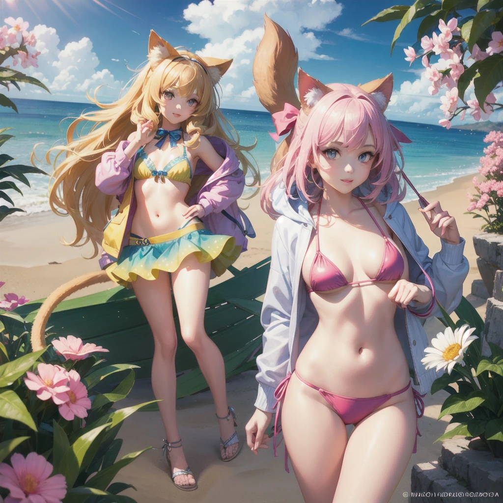 A beautiful detailed girl with bright eyes, cute nose, and lovely lips wearing a small bikini and mini skirt, with a big hooded jacket, a slim waist, and a ribbon, posing dynamically with cat ears and a large tail, on a beach with flowers, sand, and sunlight, in a colorful, photorealistic, high-quality, masterpiece illustration.