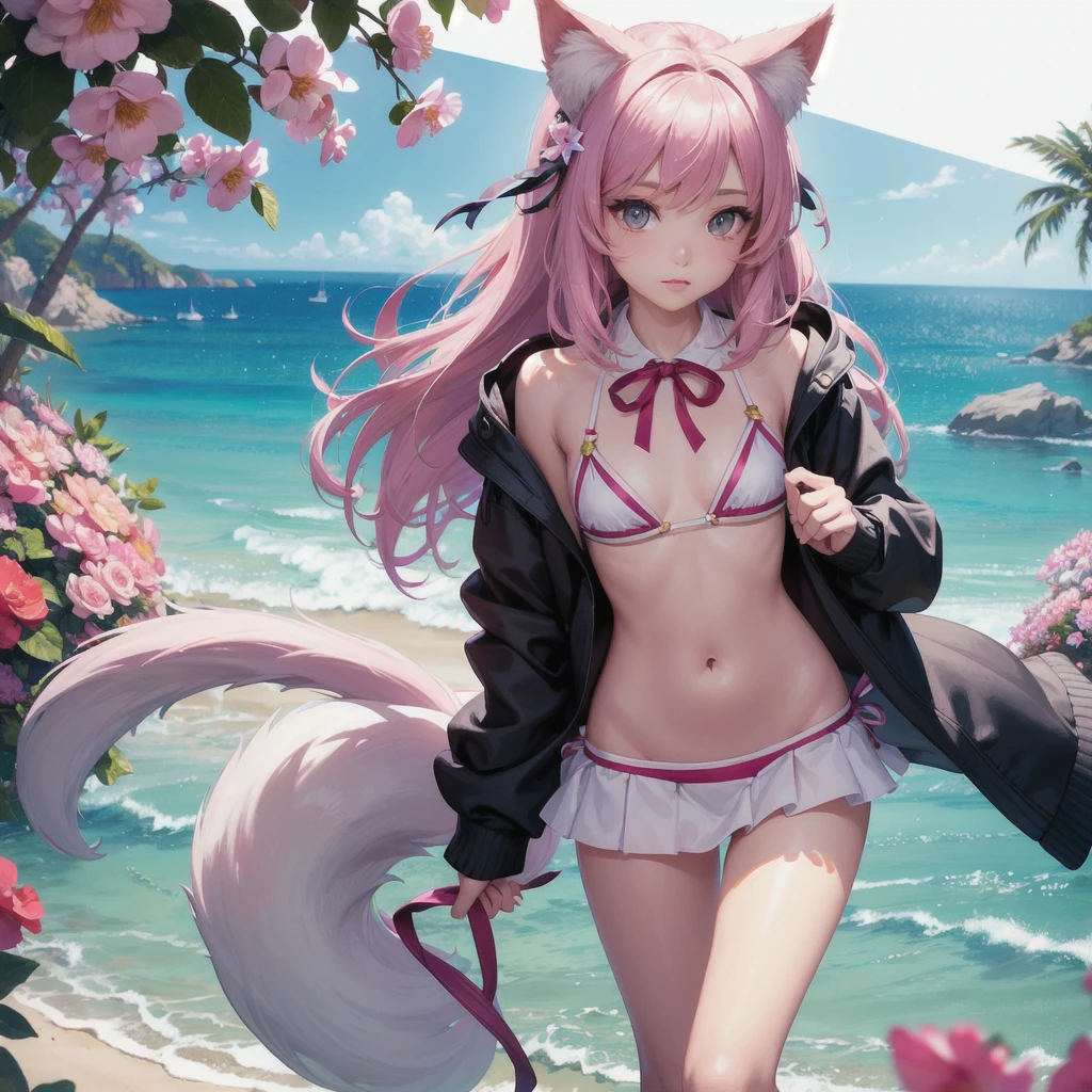 A beautiful detailed girl with bright eyes, cute nose, and lovely lips wearing a small bikini and mini skirt, with a big hooded jacket, a slim waist, and a ribbon, posing dynamically with cat ears and a large tail, on a beach with flowers, sand, and sunlight, in a colorful, photorealistic, high-quality, masterpiece illustration.