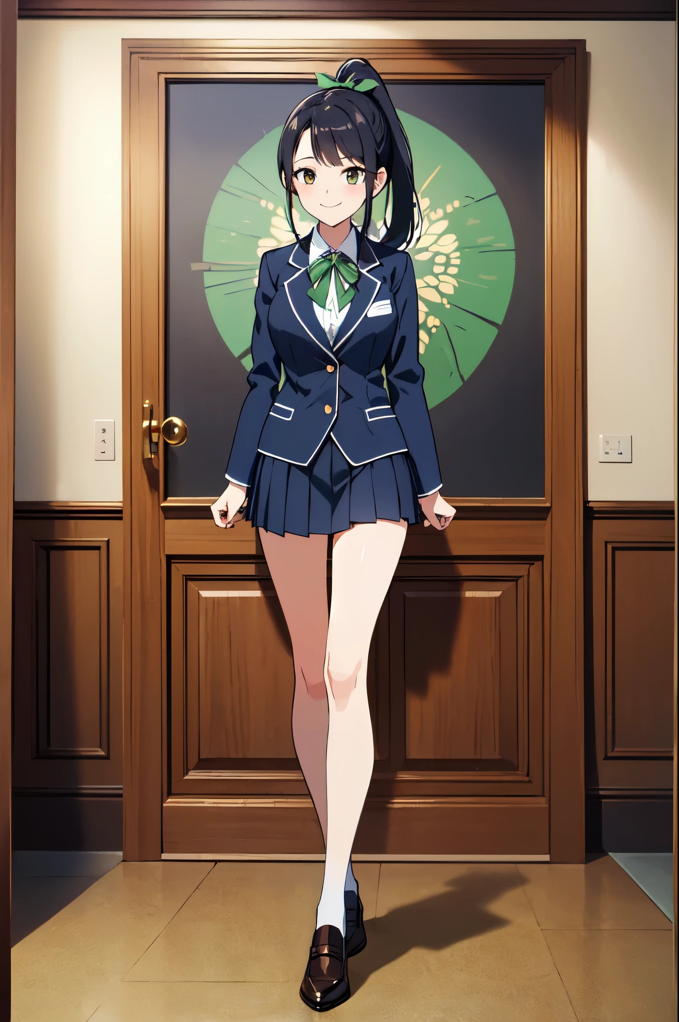 masterpiece, 32k, extremely detailed, finely detail, intricate details, 
BREAK
(absurdres:1.1, highres:1.1, ultra detailed:1.1),
insanely detailed, absurdres, 
(high resolution:1.1, ray tracing:1.1, refraction:1.1)
(1girl, 独奏:1.3),  
BREAK
perfect symmetrical face, smile, high school student, High School Uniform, Navy blue single blazer, Green ribbon, high ponytail, 
BREAK,
(((full body))), 
BREAK