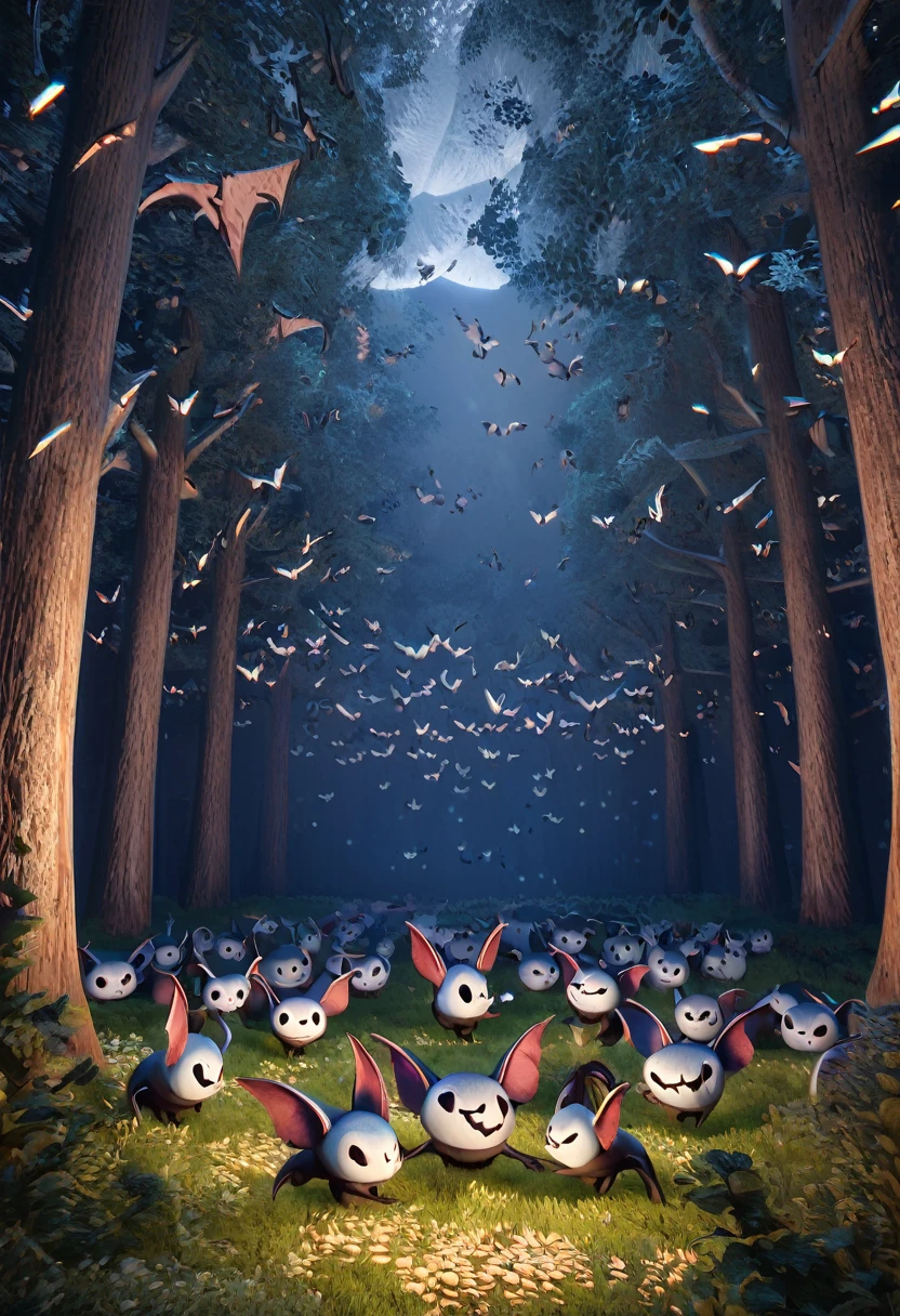 furry, funny, best quality, super fine, 16k, incredibly absurdres, extremely detailed, 2.5D, delicate and dynamic depiction, bats singing in a row, evil smiles, dancing notes, big trees in the forest, cute horror fantasy, disney-style horror effects