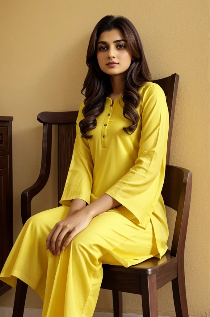 a beautiful girl sitting on a chair and also a name "Sanam ry" should be displayed on the wall with everything yellow but in proper dress shalwar and qames but don't show the age on the wall