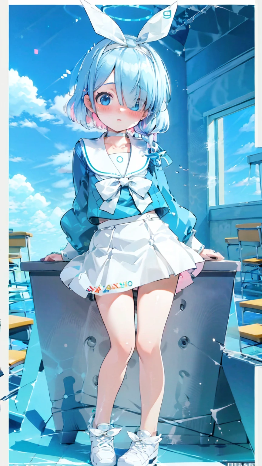 arona,serafuku,White ribbon,White Skirt,Blushing cheeks,Flat Chest,Blue eyes,Blue Hair,Computer Lab,looking at viewer,1 Girl,master piece , best quality,(high resolution)