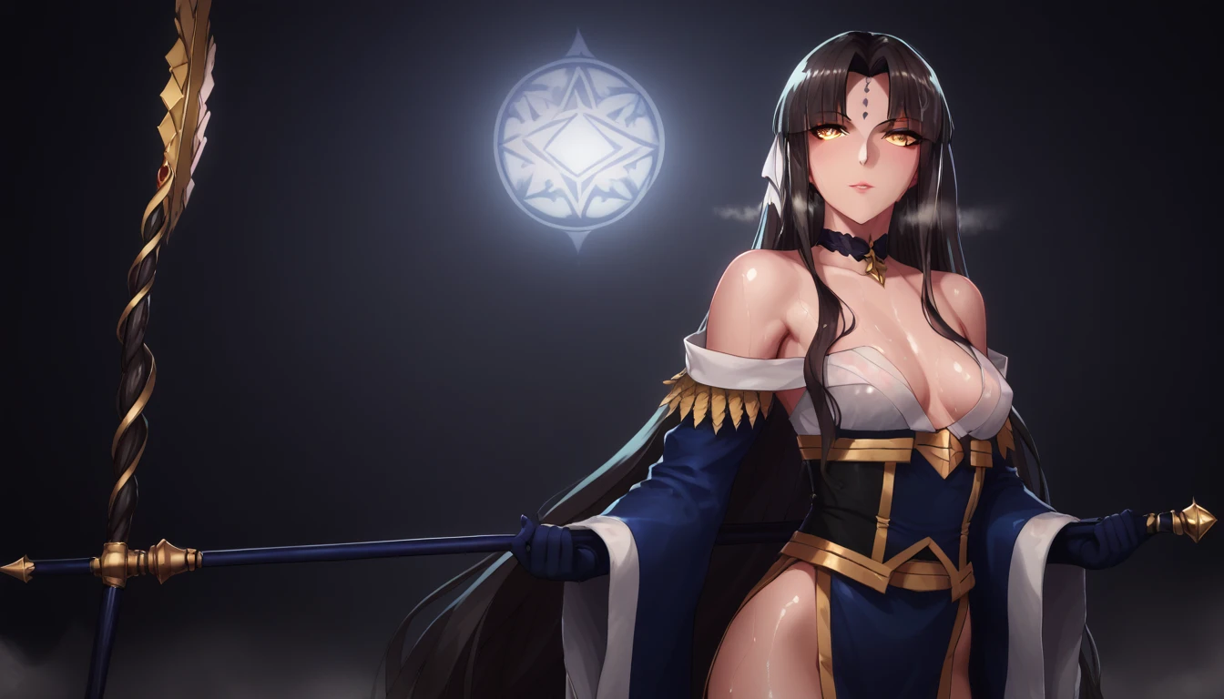 score_9, score_8_up, score_7_up, score_6_up, uncensored, Michiko_Tanaka, absurdly long hair, golden eyes, black hair, very long hair, parted bangs, forehead mark, lips, shiny skin, sweating, wet, wet hair, steaming body, heavy breathing, (small breasts:1.3), BREAK (masterpiece:1.2), best quality, high resolution, unity 8k wallpaper, (illustration:0.8), (detailed eyes:1.6), perfect lighting, extremely detailed CG, (perfect hands, perfect anatomy), 1girl, breasts, solo, vastaya, cleavage, bare_shoulders, elbow_gloves, staff, choker,