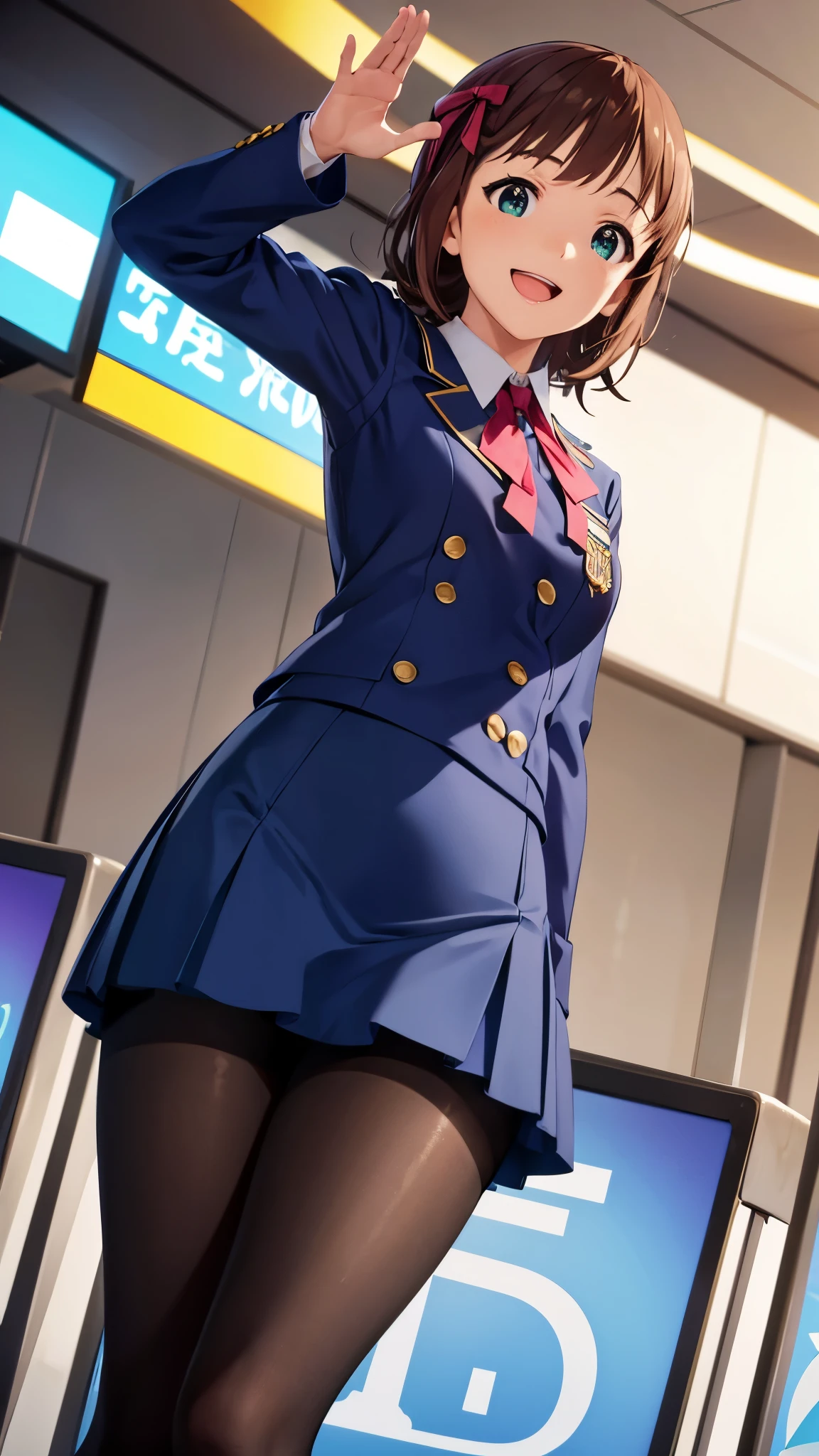 CG, unity, 8k, wallpaper, highest quality, masterpiece, 1 girl, haruka amami, flight attendant, cowboy shot, standing, looking at viewer, waving, (smile: 1.2), open mouth, navy blue uniform, tight short skirt, (thin pantyhose), thighs, best lighting, complex pupils, complex textile, realistic skin texture, detailed background, (at the airport), low angle