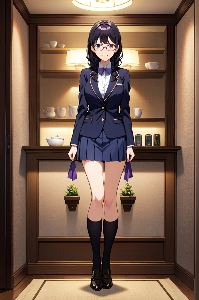 masterpiece, 32k, extremely detailed, finely detail, intricate details,
BREAK
(absurdres:1.1, highres:1.1, ultra detailed:1.1),
insanely detailed, absurdres,
(high resolution:1.1, ray tracing:1.1, refraction:1.1)
(1 female, 独奏:1.3), グラマラスなプロポーション
BREAK
perfect symmetrical face, smile, High School Uniform, Navy blue single blazer, Purple ribbon, Braided Hair, Black Hair, Glasses, 網タイツ
BREAK,
(((full body))),
BREAK