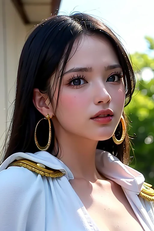 (masterpiece), (best quality), (Practical), Nikon RAW photos, Fuji XT3,  (detailed, 21-year-old young female captain, big eyes, Gold snake earrings, Look away), Sensual, (ultra detailed), 8K, 4K, complex, superior_Body, detailed_Face, Optimal lighting, outdoor, cosmetic, Bleached background, Low level,(masterpiece, best quality:1.4), (Face focus:1.5), external, (Close to the sea), 1 Girl, Solitary, Hancock 1, 1 Girl, Boya Hancock, Large Breasts, cleveage, Long hair, Epaulettes, cape, (white cape:1), Top of crop, Long sleeve, Side slits, (Young women in Europe:1), Looking at the audience, Beautiful Smile, beautiful Face, highly detailed Face, highly detailed eyes, subsurFace scattering, Practical pupils, full Face blush, Full lips, detailed background, Depth of Field, Volumetric Lighting, Clear focus, absurd, Practical proportions, (Practical, hyperPractical:1.4), 16k High Dynamic Range
