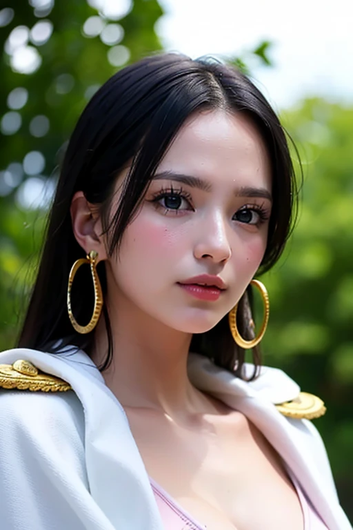 (masterpiece), (best quality), (Practical), Nikon RAW photos, Fuji XT3,  (detailed, 21-year-old young female captain, big eyes, Gold snake earrings, Look away), Sensual, (ultra detailed), 8K, 4K, complex, superior_Body, detailed_Face, Optimal lighting, outdoor, cosmetic, Bleached background, Low level,(masterpiece, best quality:1.4), (Face focus:1.5), external, (Close to the sea), 1 Girl, Solitary, Hancock 1, 1 Girl, Boya Hancock, Large Breasts, cleveage, Long hair, Epaulettes, cape, (white cape:1), Top of crop, Long sleeve, Side slits, (Young women in Europe:1), Looking at the audience, Beautiful Smile, beautiful Face, highly detailed Face, highly detailed eyes, subsurFace scattering, Practical pupils, full Face blush, Full lips, detailed background, Depth of Field, Volumetric Lighting, Clear focus, absurd, Practical proportions, (Practical, hyperPractical:1.4), 16k High Dynamic Range
