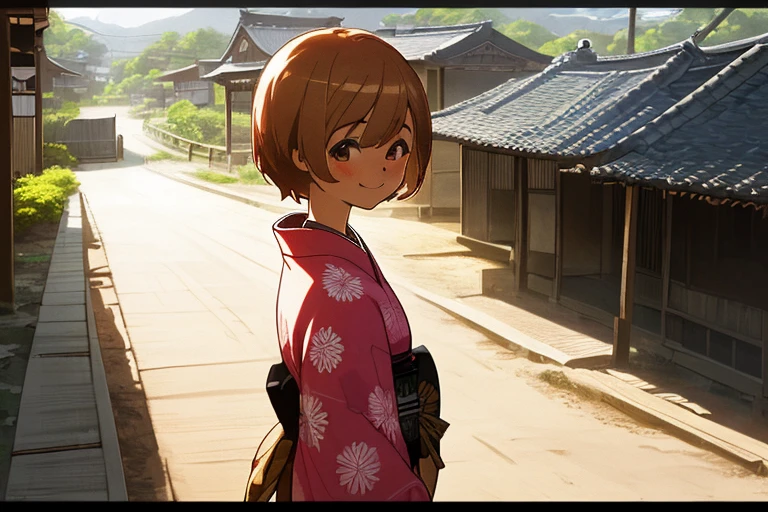 High resolution,high quality,(Perfect body),Old Japanese style town,Dirt Road,Tile roof,Main Street,Girl in Japanese clothes,kimono,Flashy pattern,Chestnut Hair,Short Hair,looking at the camera,smile