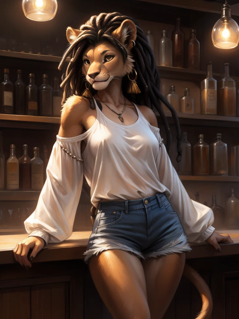 by kenket, by totesfleisch8, (by thebigslick, by silverfox5213:0.8), (by syuro:0.2), а lion, female, in full growth, brown fur, light brown eyes, long black dreadlock hair, tail with a tassel, metal ring on tail, wearing short tight denim shorts, white semi-transparent T-shirt with elbow-length and wide sleeves, bare shoulders, black lace bra shines through clothes, metallic beads and hoop earrings in the ears, standing near bar counter