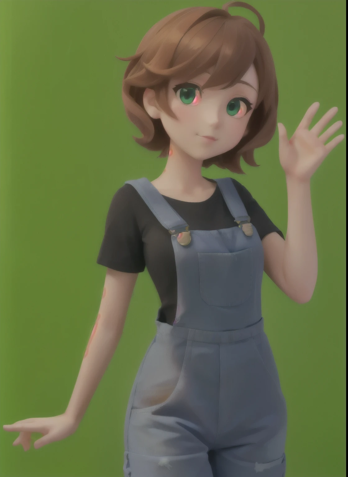 A woman in a black shirt and overalls waves, Actress 👀 :8, Short full body portrait!, Actress, Produced in collaboration with Anime Painter Studio, Full body portrait, Full body portrait, Chihiro! Fujisaki, In the anime painter studio, Stylized anime, Abigail from Stardew Valley, Heavy hand gesture style close-up