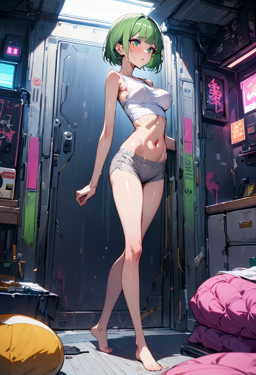((masterpiece,Highest quality:1.3)),1woman,30 year old beauty,独奏,((very small head:1.3)),green hair,(short bob hair),bangs,green eyes,gorgeous eyes,shy,medium breasts,((very long body:1.2)),((toned body,slender body,skinny)),gleaming skin,shiny skin,(White tight T-shirt、navel、Grey wet shorts)、barefoot、standing,Simple bedroom、cyber punk、World of Blade Runner、