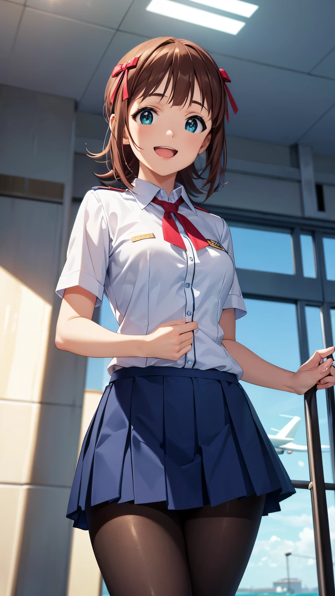 CG, unity, 8k, wallpaper, highest quality, masterpiece, 1 girl, haruka amami, flight attendant, cowboy shot, standing, looking at viewer, waving, (smile: 1.2), open mouth, navy blue uniform, tight short skirt, (thin pantyhose), thighs, best lighting, complex pupils, complex textile, realistic skin texture, detailed background, (at the airport), blue sky