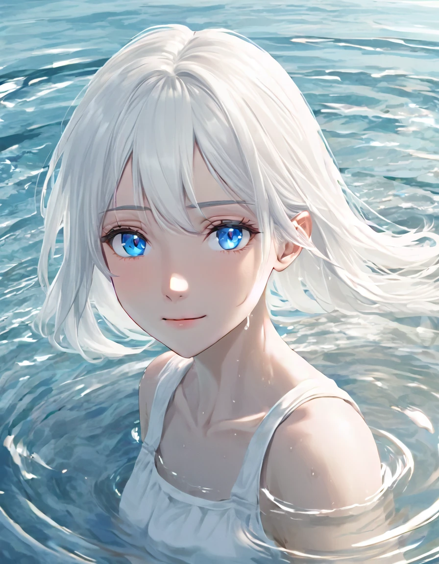 Anime style female character in water, (long  white hair:1.2), (Kind expression:1.1), blue colored eyes, white top, (rippling effect of water around the body:1.3), sunlight reflecting on the water, Clear sky, subtle splashes of water, high-resolution digital art, soft color palette, atmosfera tranquila, (serene ocean background:1.1), Realistic water texture
