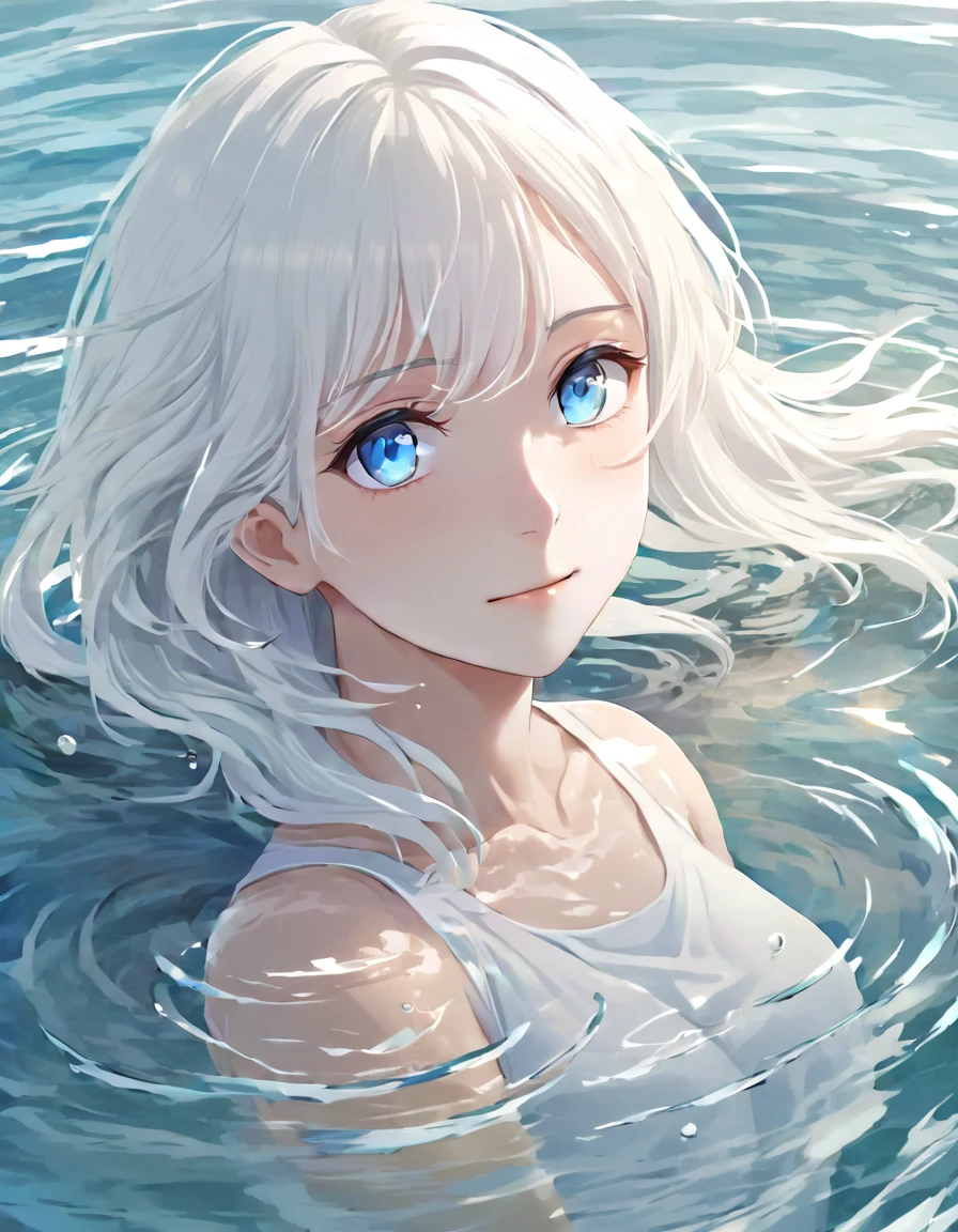 Anime style female character in water, (long  white hair:1.2), (Kind expression:1.1), blue colored eyes, white top, (rippling effect of water around the body:1.3), sunlight reflecting on the water, Clear sky, subtle splashes of water, high-resolution digital art, soft color palette, atmosfera tranquila, (serene ocean background:1.1), Realistic water texture
