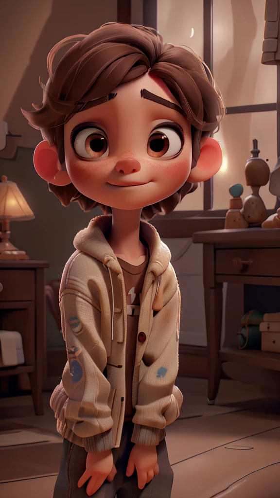 a sleeping boy, beautiful detailed eyes, beautiful detailed lips, extremely detailed face, long eyelashes, peaceful expression, messy brown hair, bedroom interior, soft lighting, warm color palette, (best quality, 8k, highres, masterpiece:1.2), ultra-detailed, (realistic, photorealistic, photo-realistic:1.37), cinematic composition, dramatic chiaroscuro lighting, intricate fabric textures, cloudy window view, cozy atmosphere
