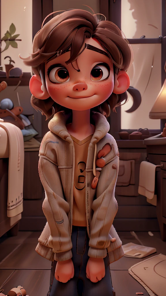 a sleeping boy, beautiful detailed eyes, beautiful detailed lips, extremely detailed face, long eyelashes, peaceful expression, messy brown hair, bedroom interior, soft lighting, warm color palette, (best quality, 8k, highres, masterpiece:1.2), ultra-detailed, (realistic, photorealistic, photo-realistic:1.37), cinematic composition, dramatic chiaroscuro lighting, intricate fabric textures, cloudy window view, cozy atmosphere