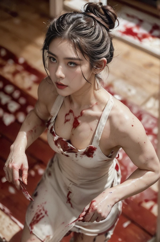 (((best quality))),(((ultra detailed))),(((masterpiece))),illustration,(((realistic))),(((female butcher))),(((confident))),(((determined))),(((blood-stained apron))),(((messy bun))),(((skilled worker))),(((intelligence))),(((passion))),(((dirt on cheek))),(((chaotic butcher shop))),(((blood-stained floors))),(((meat odor))),(((various cuts of meat))),(((graceful movements))),(((dedicated professional))),(((focused expression))),(((resilient woman)))