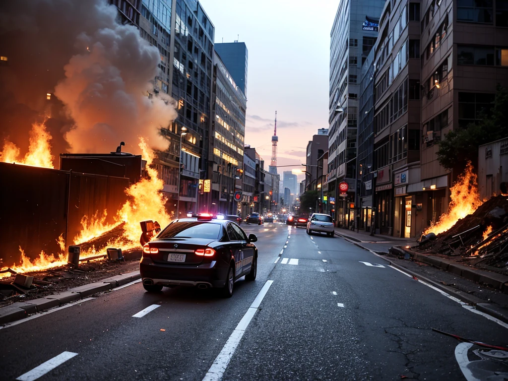 A police car flew over a sea of fire,Abandoned street in the background
