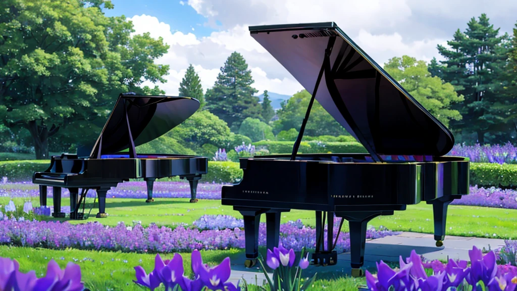 A grand piano in a garden filled with blooming irises、After the rain, a faint rainbow hangs in the sky、White cloud