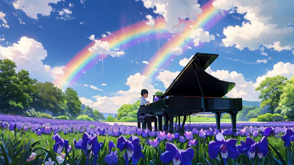 A grand piano in a garden filled with blooming irises、After the rain, a faint rainbow hangs in the sky、White cloud