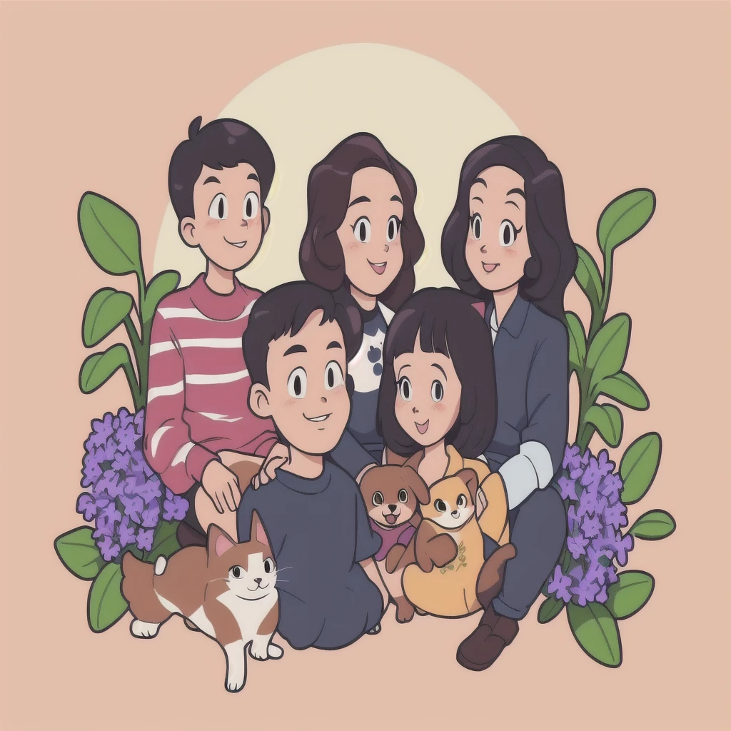 A group of people sitting together with a cat and a dog, Cartoon Style, Cartoon art style, Cartoon Style插图, Family portrait, Official Fanart, Cartoon art style, Detailed fan art, High quality portrait, happy, Cartoon illustration, Committee, Illustration line art style, nft portrait, High-quality fanart, Cartoon Portrait, detailed 2d illustration, Illustration style