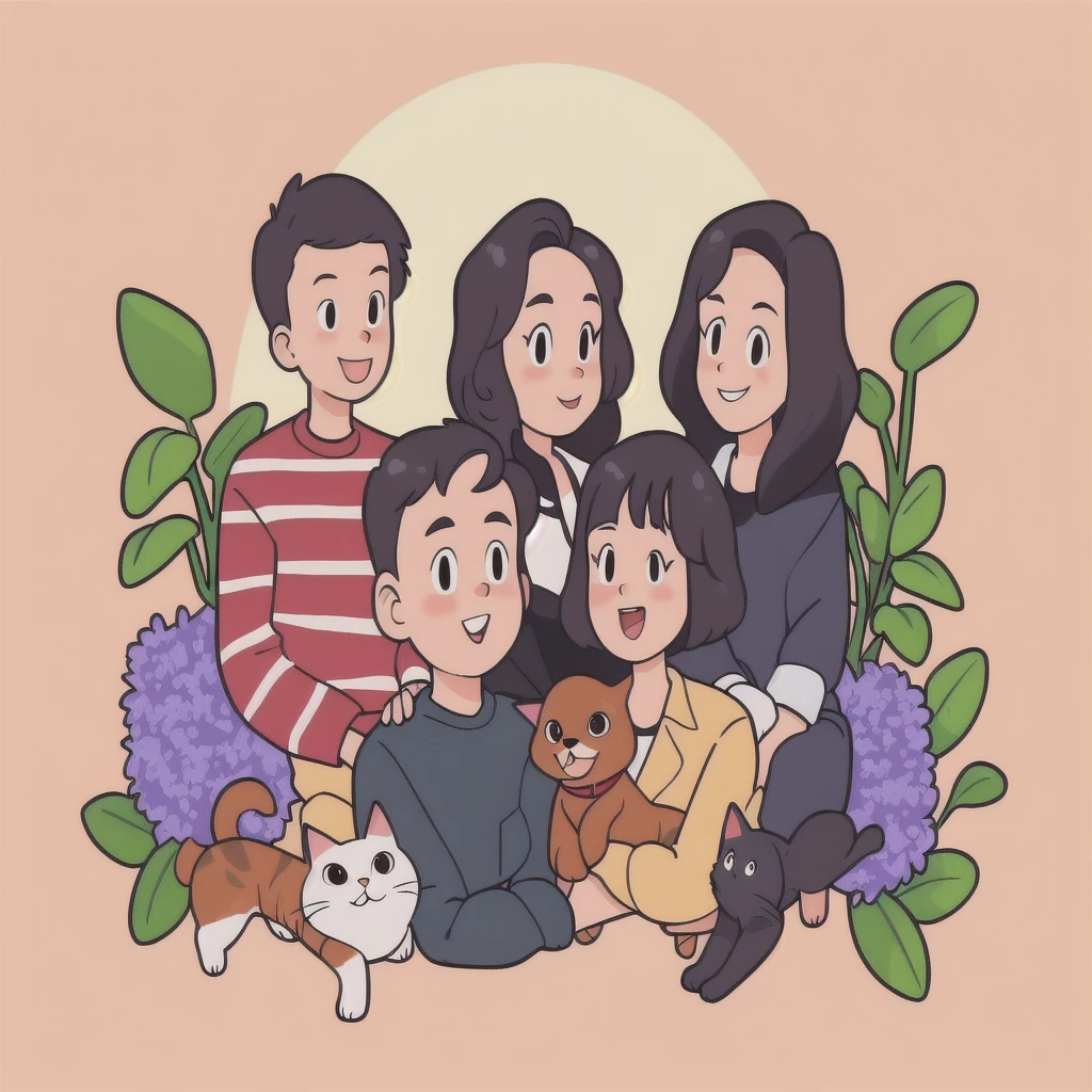 A group of people sitting together with a cat and a dog, Cartoon Style, Cartoon art style, Cartoon Style插图, Family portrait, Official Fanart, Cartoon art style, Detailed fan art, High quality portrait, happy, Cartoon illustration, Committee, Illustration line art style, nft portrait, High-quality fanart, Cartoon Portrait, detailed 2d illustration, Illustration style